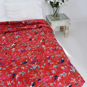Double Quilted Throw - Red Exotic Birds